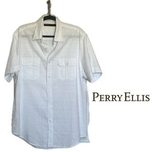 Perry Ellis Men’s Classic White Short Sleeve Shirt in Linen/Cotton Blend Size L